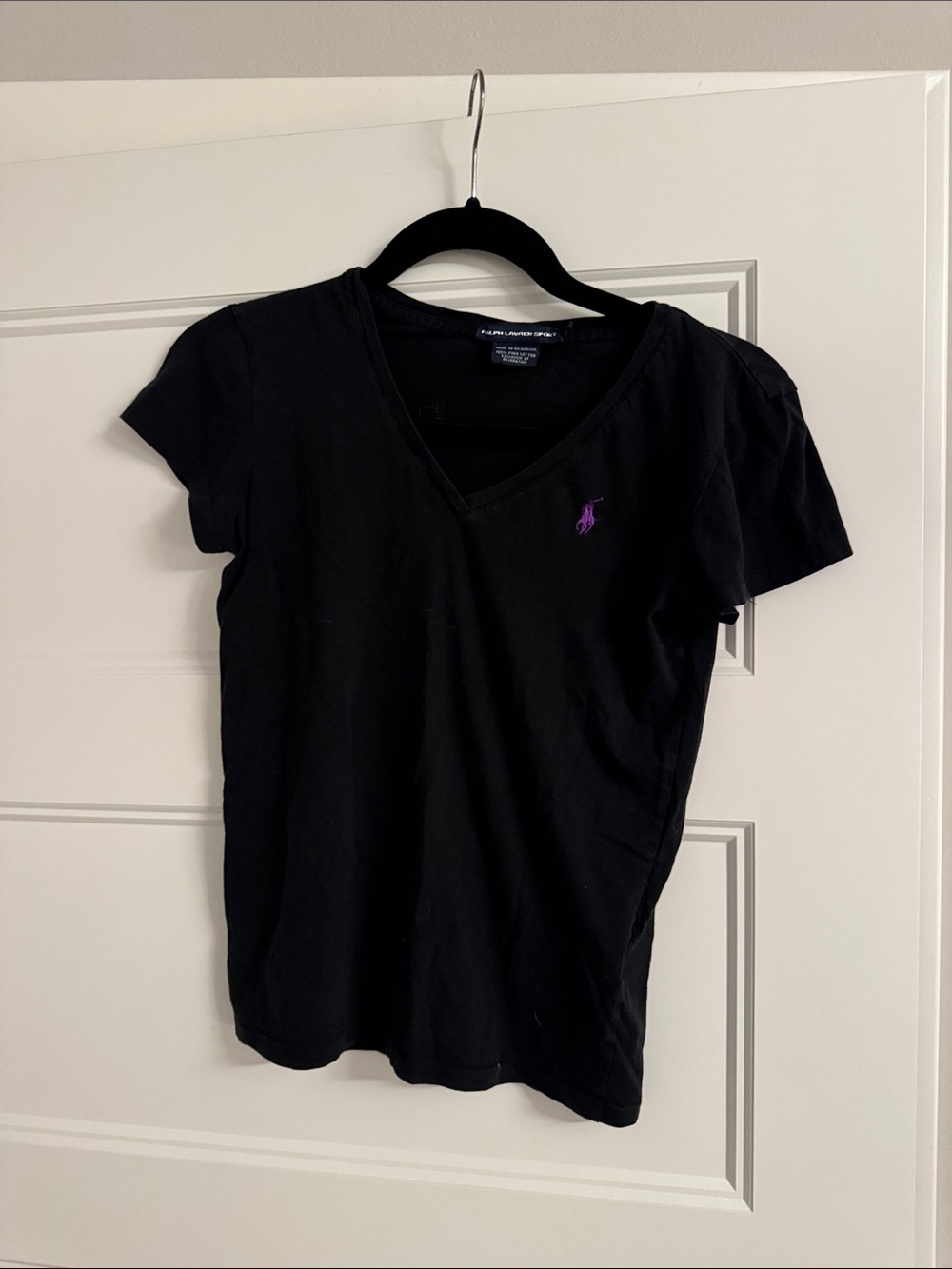 Ralph Lauren Black V-Neck Tee with Purple Pony Logo